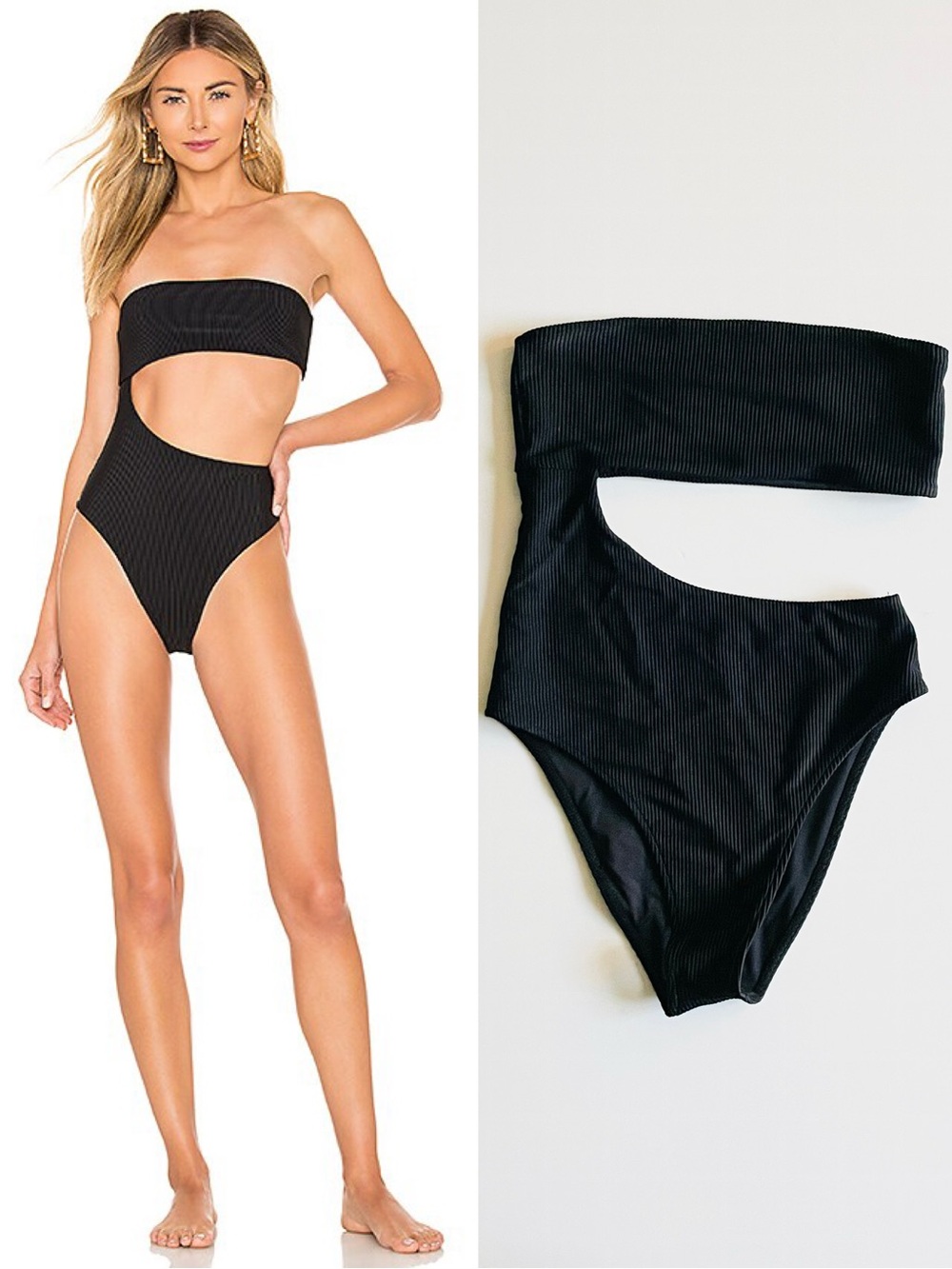 Frankies Bikinis MEDIUM Carter ribbed cut out one piece swimsuit in black